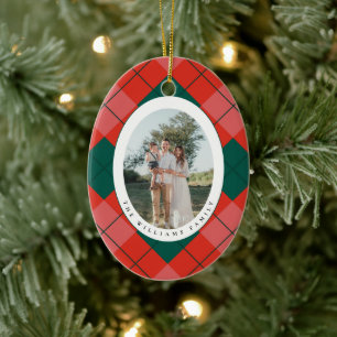 Rot und Grün Karo Familienfoto Oval Weihnachten Keramik Ornament