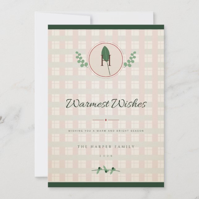 Rot und Grün Lorbeer-Monogramm-Weihnachtskarte (Vorderseite)