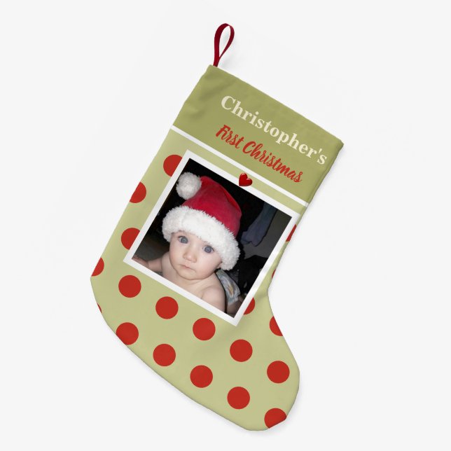 Rot und grün mit Foto und Vorname Kleiner Weihnachtsstrumpf (Vorderansicht (hängend))