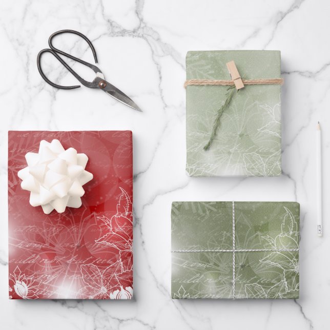 Rot und Grün mit weißer Poinsettia und Blume  Geschenkpapier Set (Vorderseite)