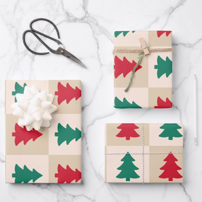 Rot- und Grün-Weihnachtsbäume-Muster Geschenkpapier Set (Vorderseite)
