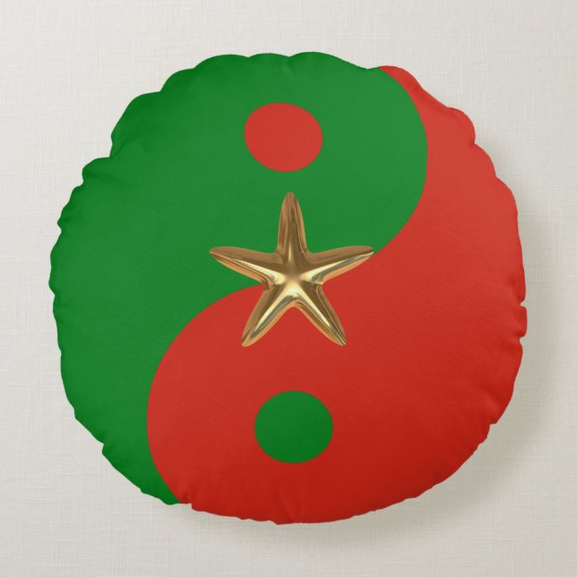 Rot und Grün Yin Yang mit Gold Star Rundes Kissen (Vorderseite)