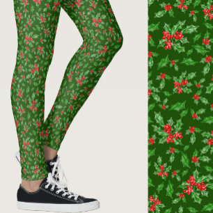 Rot und grüne Stechpalmen-Weihnachtsmuster Leggings