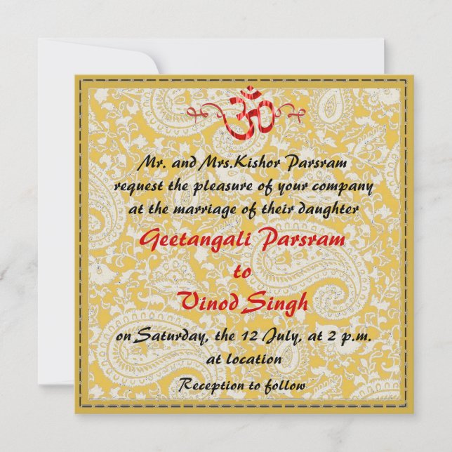 Rot und hindische Hochzeit des Goldbrokats Einladung (Vorderseite)