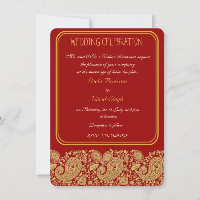 Rot und hindische Hochzeit Goldpaisleys Einladung (Vorderseite)