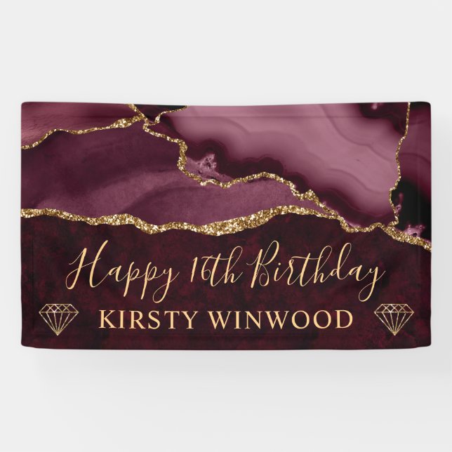 Rot und Imitate Gold Glitzer Agate Marble Sweet 16 Banner (Horizontal)
