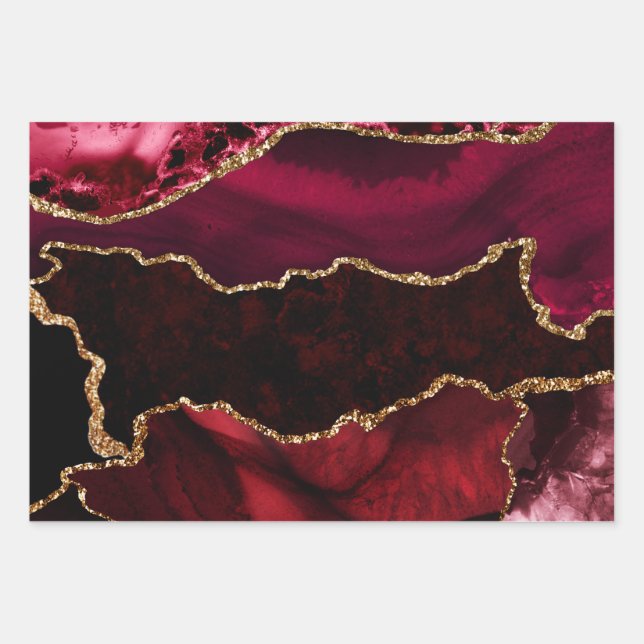 Rot und Imitate Gold Glitzer Marmorschlauch Agate Geschenkpapier Set (Vorderseite)