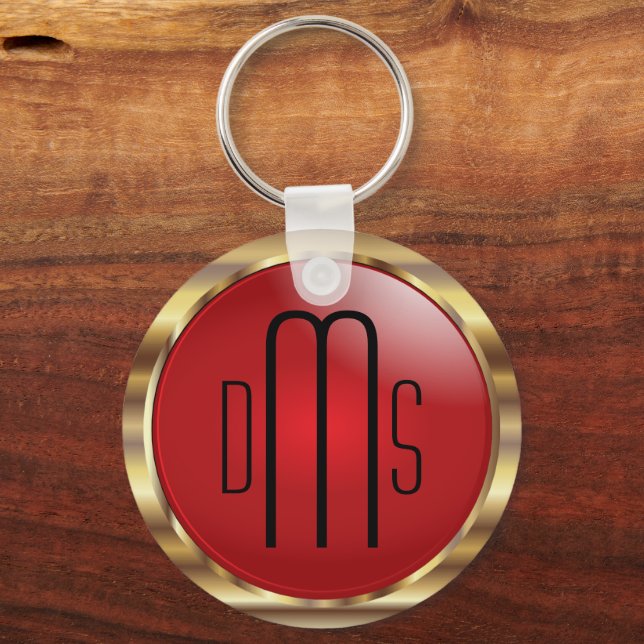 Rot und Imitate Metallisches Gold mit Monogramm Schlüsselanhänger (Vorderseite)