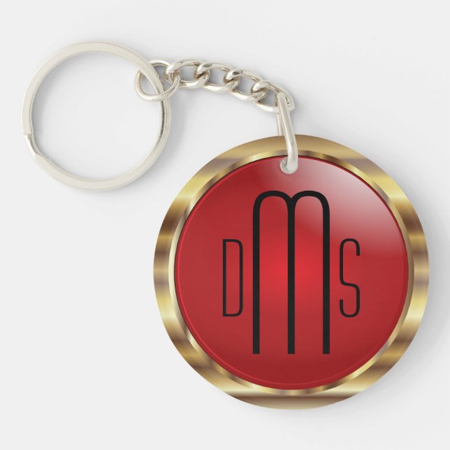 Rot und Imitate Metallisches Gold mit Monogramm Schlüsselanhänger (Vorderseite)