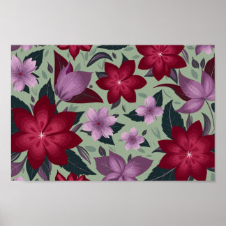 Rot und Lavender Floral auf hellgrünem Hintergrund Poster