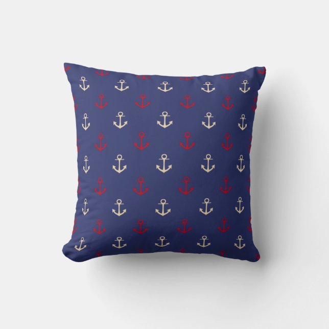 Rot-und Marine-Blau-Seeanker-Muster Kissen (Vorderseite)