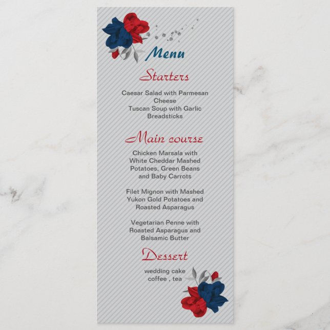 Rot- und Marineblumen Botanische Hochzeit Menükarte (Vorderseite)