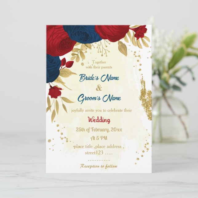 Rot- und Marineblumen Goldblumen Blätter Hochzeit Einladung (Stehend Vorderseite)
