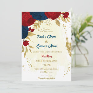 Rot- und Marineblumen Goldblumen Blätter Hochzeit Einladung
