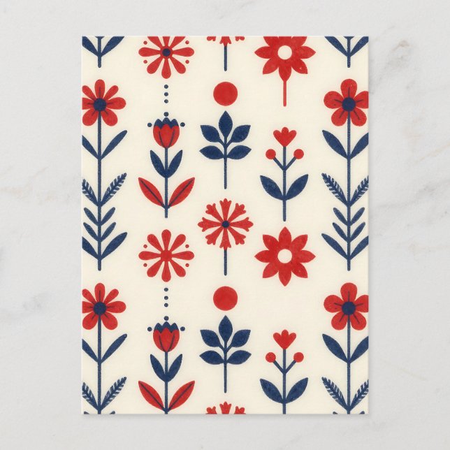 Rot- und Marineblumen-Muster Postkarte (Vorderseite)