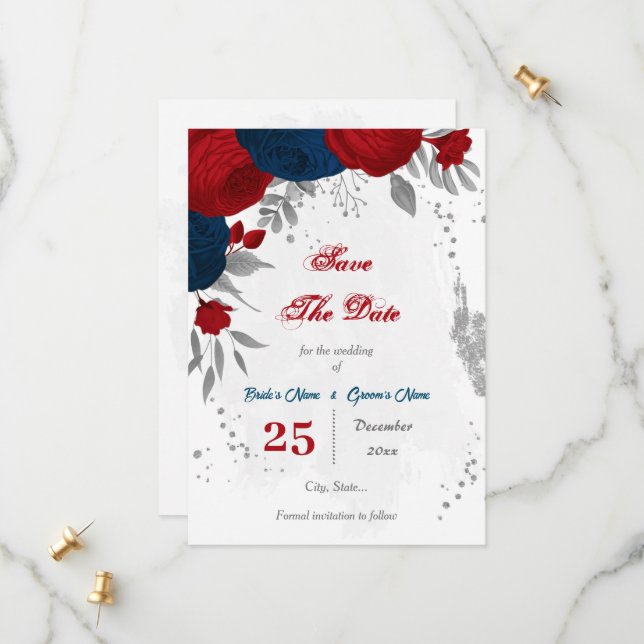 Rot- und Marineblumen, silber Save The Date (Vorderseite/Rückseite Beispiel)