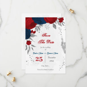 Rot- und Marineblumen, silber Save The Date