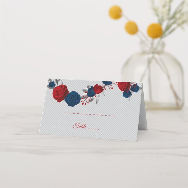 Rot- und Marineblumen, silberne Blätter grau Platzkarte (Vorderseite)