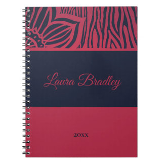 Rot und Navy Blauer Zebra Linocut Name & Jahr Notizblock