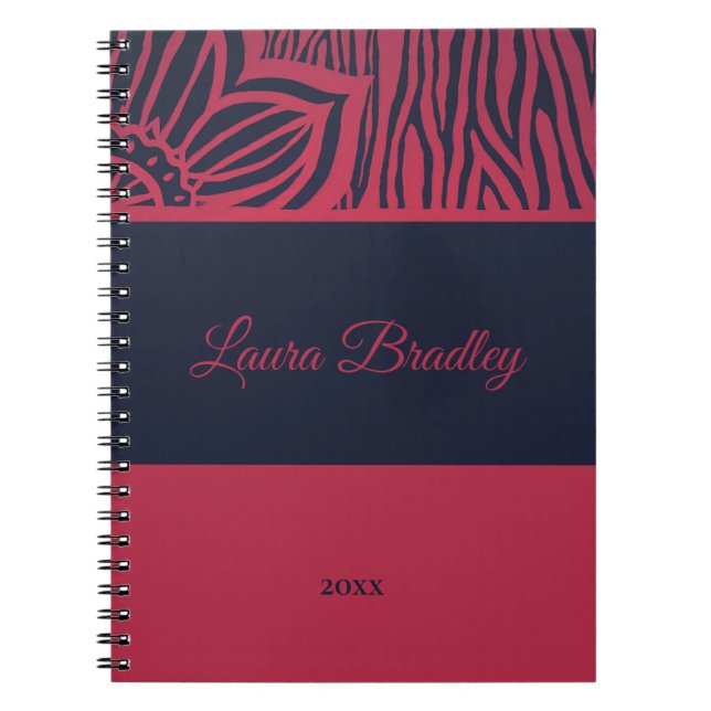 Rot und Navy Blauer Zebra Linocut Name & Jahr Notizblock (Vorderseite)