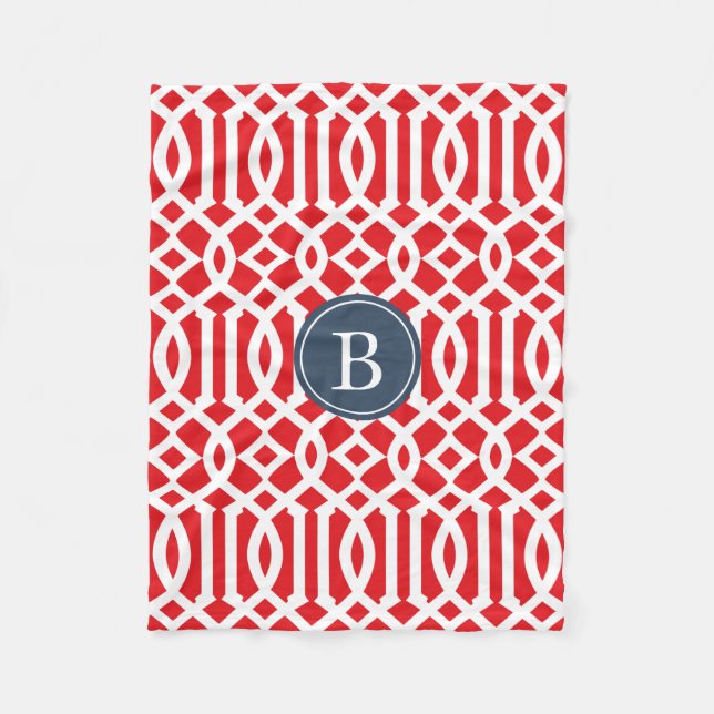 Rot und Navy Blue Trellis Muster Monogram Fleecedecke (Vorderseite)