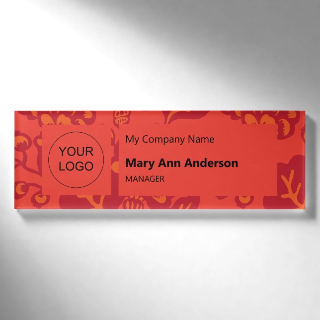 Rot und Orange Vibranand Bold Floral Pattern Namenschild (Vorderseite)