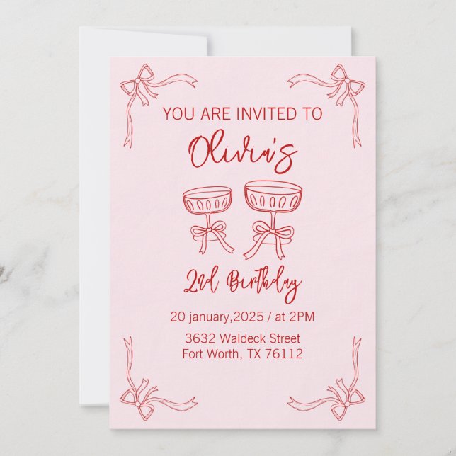 Rot und Rosa - Einladung zum 2. Geburtstag (Vorderseite)