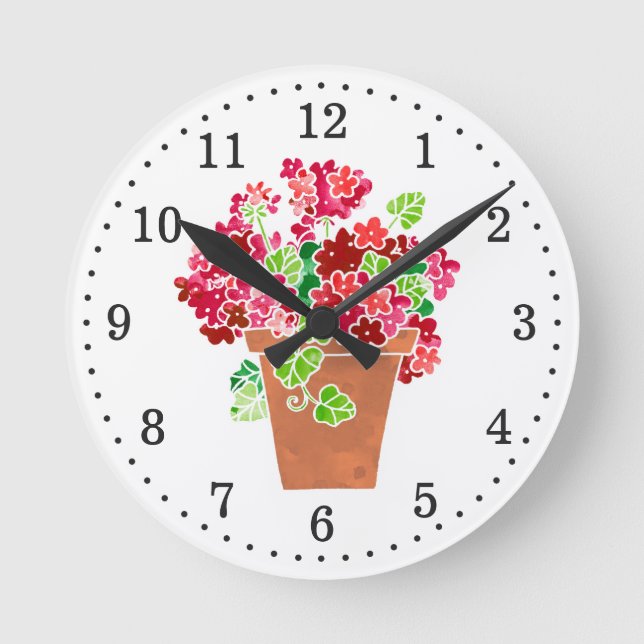 Rot und Rosa Geranien in Pot Floral Runde Wanduhr (Vorderseite)