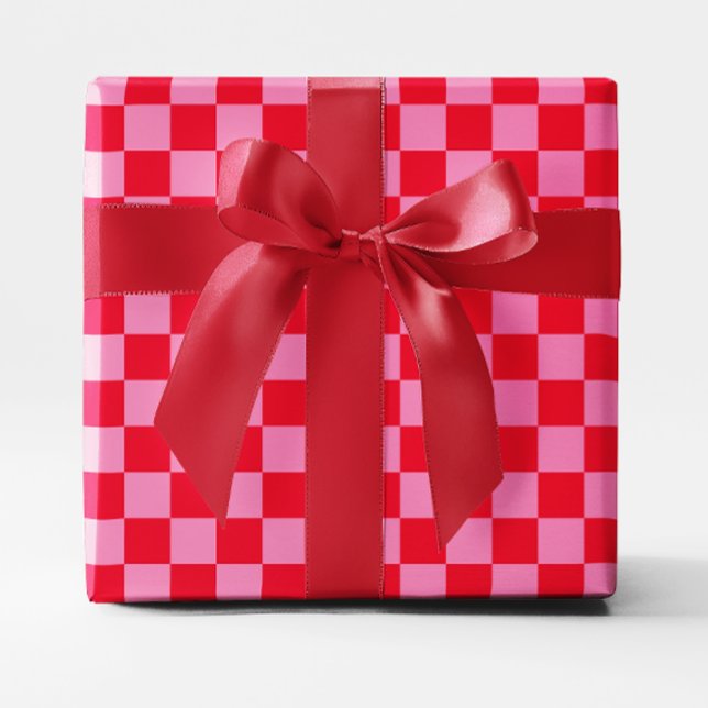 Rot und Rosa kariert Geschenkpapier (Bright Red and Pink Checkered Wrapping Paper)