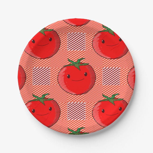 Rot und Rosa Kariertes Tomatenzartmuster Pappteller (Vorderseite)