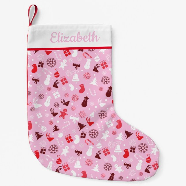 Rot und Rosa Mistletoe schneefestes Muster Kleiner Weihnachtsstrumpf (Vorderseite)