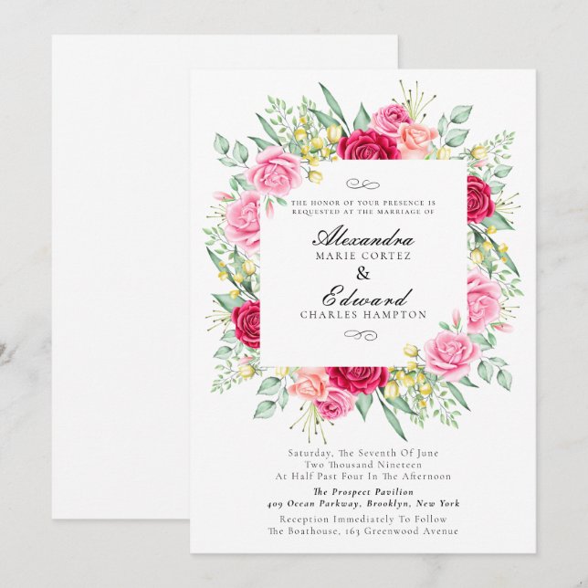 Rot und Rosa Rose, Gartenhochzeit Einladung (Vorne/Hinten)