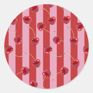 Rot und rosa Streifendesign mit Kirschen Runder Aufkleber