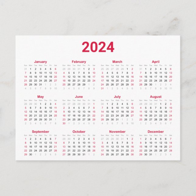 Rot und Schwarz 2024 Jahr auf einen Blick Postkarte (Vorderseite)