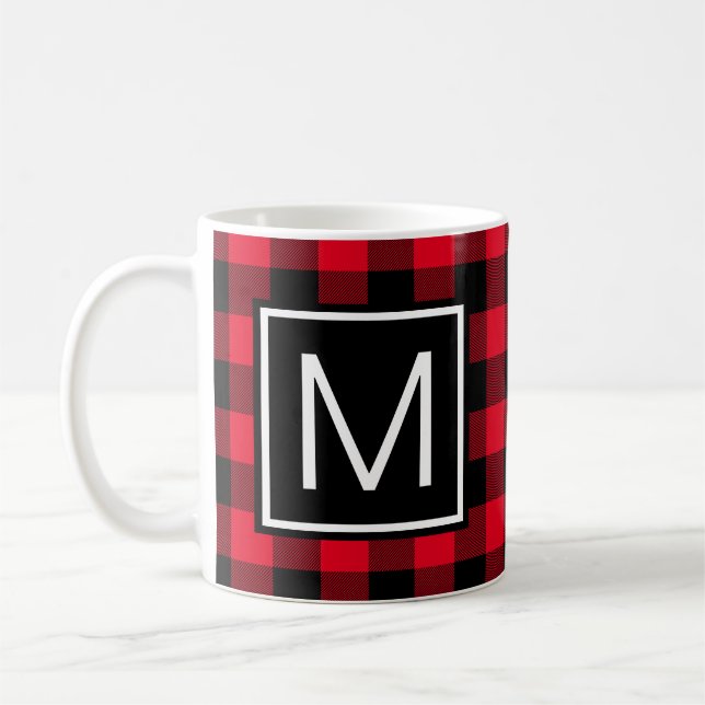 Rot und Schwarz Buffalo Kariert Mit Monogramm Kaffeetasse (Links)