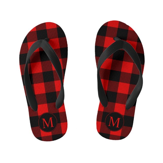 Rot und Schwarz Buffalo Kariert mit Monogramm Kinderbadesandalen (Fußbett)