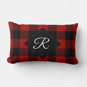 Rot und Schwarz Buffalo Kariert mit Monogramm Lendenkissen