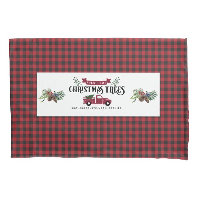 Rot und Schwarz Buffalo Kariert - Weihnachtsbäume Kissenbezug (Vorderseite)