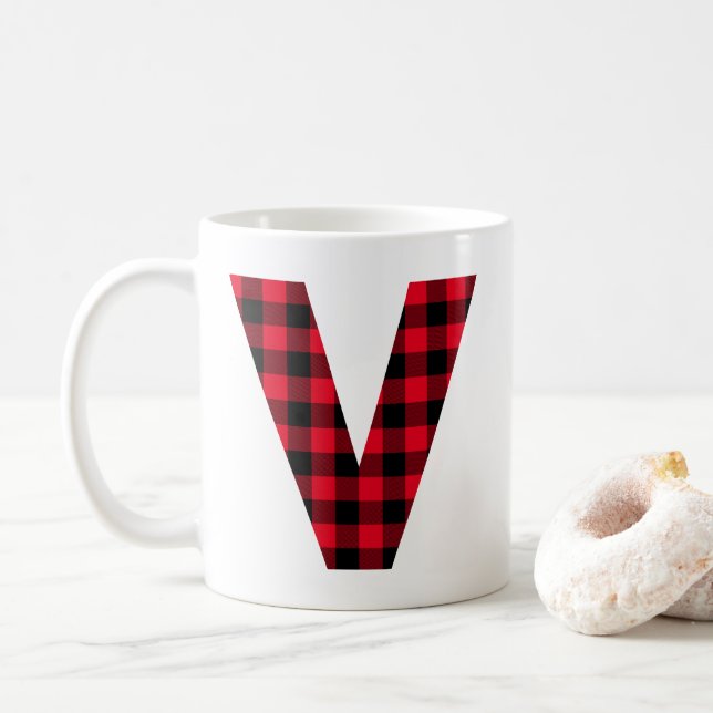 Rot und Schwarz Buffalo, Karierter fett Letter V M Kaffeetasse (Mit Donut)