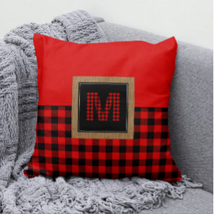 Rot und Schwarz Gingham Buffalo Karo Monogram Kissen