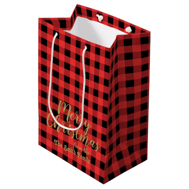 Rot und Schwarz Gingham Frohe Weihnachten Mittlere Geschenktüte (Vorderseite Schrägansicht)