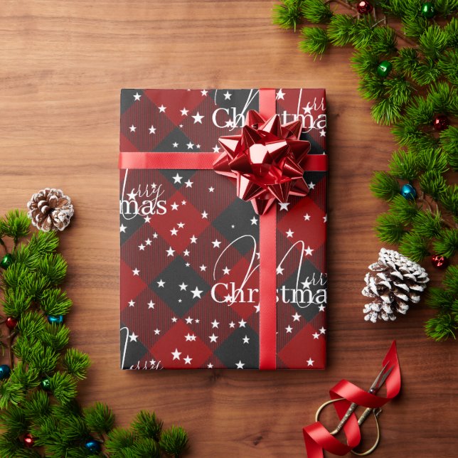 Rot und Schwarz kariert mit Sternenverpackungspapi Geschenkpapier (Feiertagsgeschenk)
