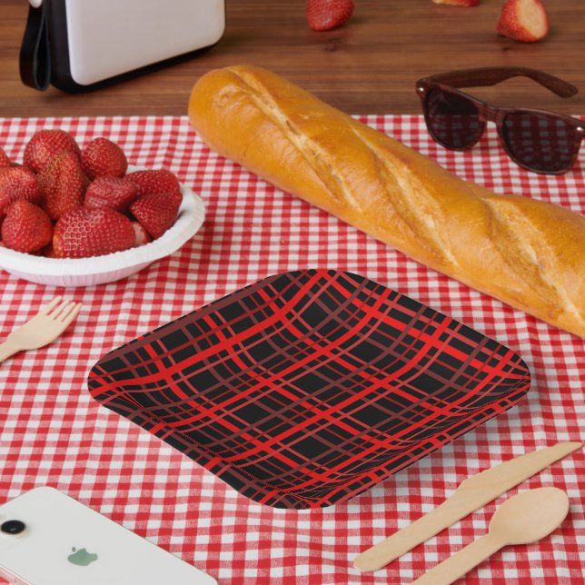 Rot und Schwarz Kariert Pappteller (Picknick)
