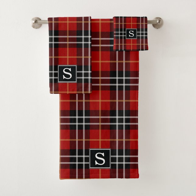 Rot und Schwarz Kariertes Mit Monogramm Badetuch S Badhandtuch Set (Insitu)