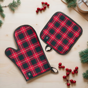 Rot und Schwarz Karton Buffalo Kariert Monogram Ofenhandschuh & Topflappen-Set