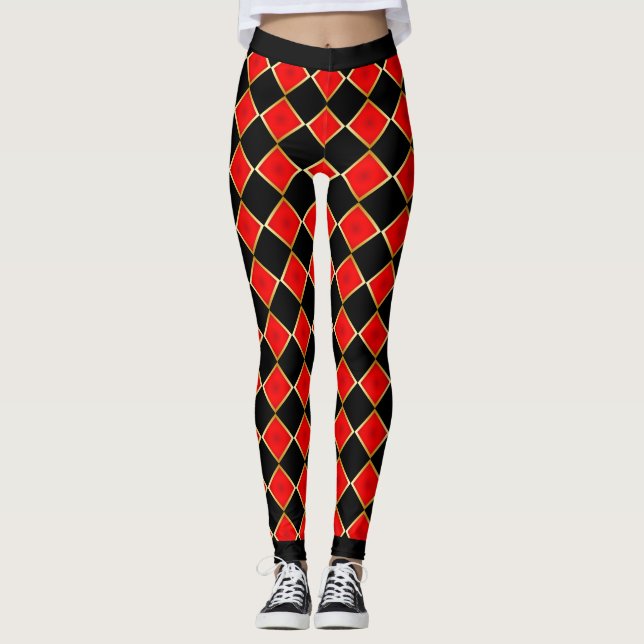 Rot und Schwarz mit Imitate Gold Kontur überprüft Leggings (Vorderseite)