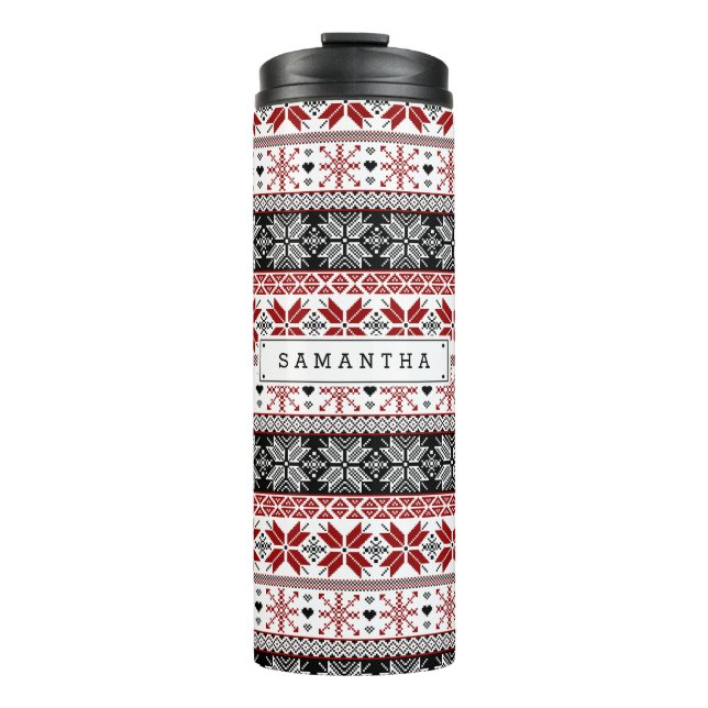 Rot und Schwarz Winter Messe Isle Pattern Thermosbecher (Vorderseite)