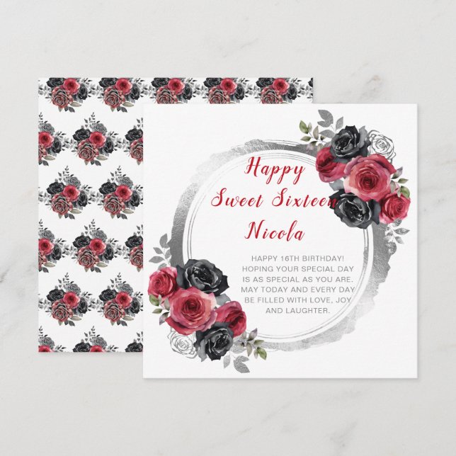 Rot und Silber Elegante Blume 16 . Geburtstag Karte (Vorne/Hinten)