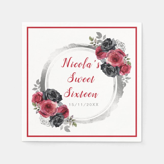 Rot und Silber Elegante Blume 16 . Geburtstag Serviette (Vorderseite)