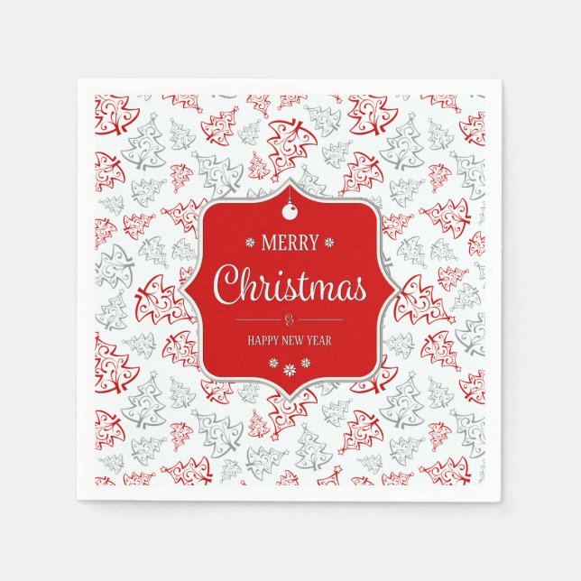 Rot und Silber Elegantes Weihnachtsbaummuster Serviette (Vorderseite)
